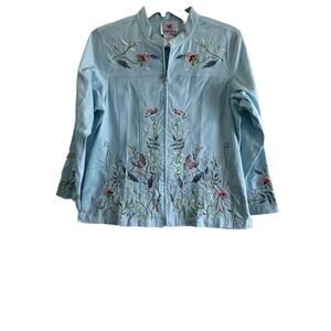 Quacker Factory Jacket L Turquoise Floral Embroidered Sequin Beaded Zip Stretch